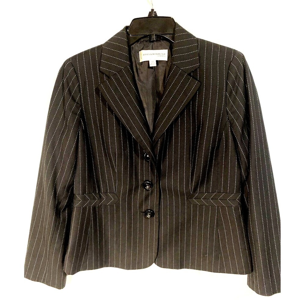 Jones New York Womens Suit Jacket 12P Petites Black Pinstriped Lined Jacket